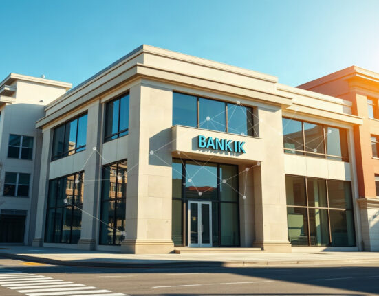 Modern bank building with digital blockchain network overlay in the sky, representing BankChain Alliance