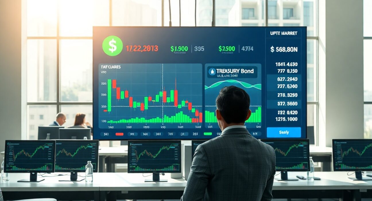 Financial analyst reviewing digital asset market data in a modern office with a large display showing charts and a stablecoin icon