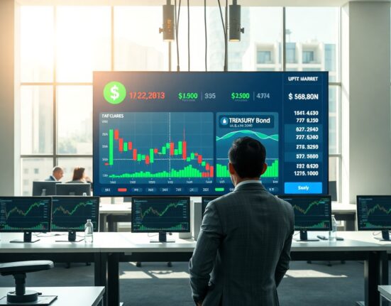Financial analyst reviewing digital asset market data in a modern office with a large display showing charts and a stablecoin icon