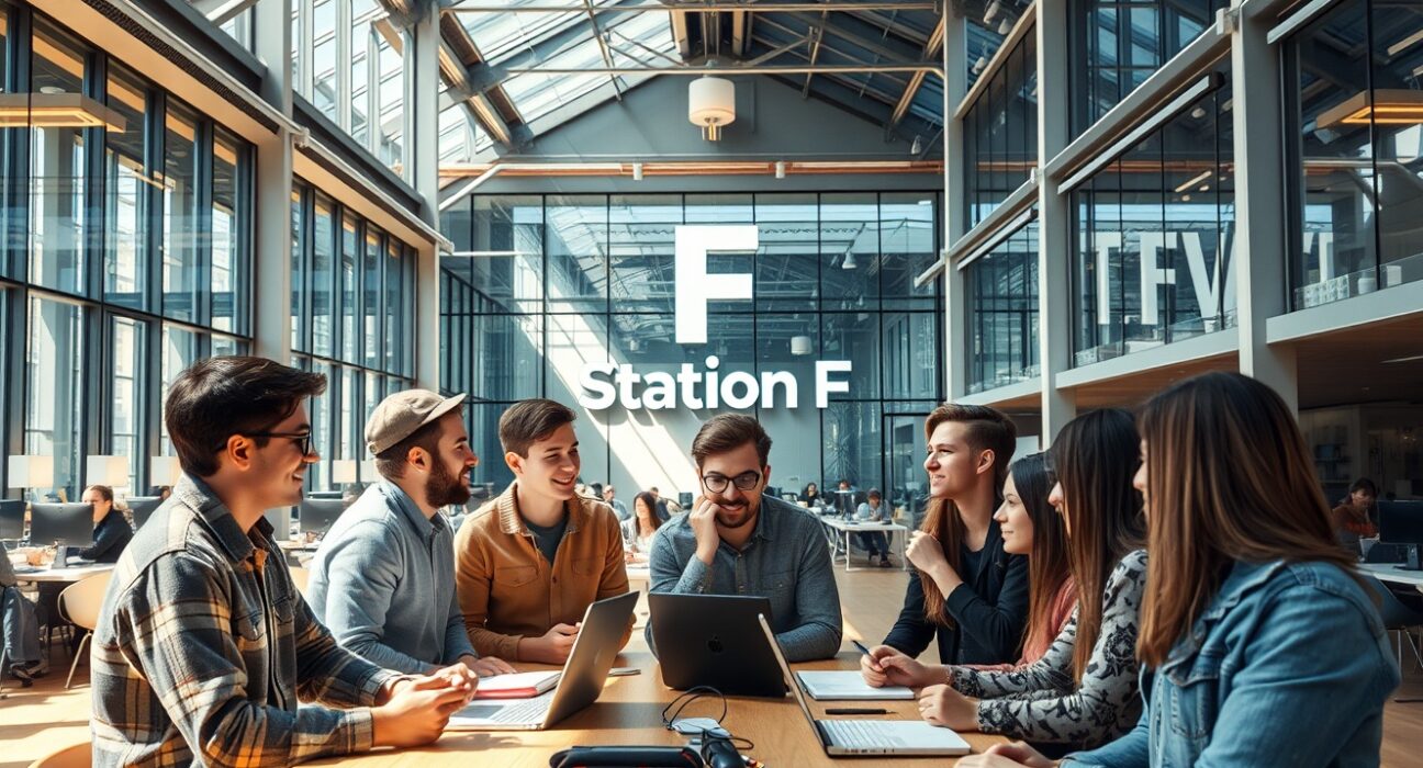 Interior of Station F startup hub in Paris with entrepreneurs working on AI projects
