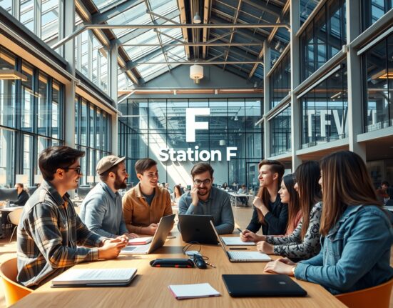 Interior of Station F startup hub in Paris with entrepreneurs working on AI projects