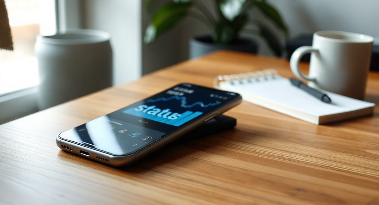 Smartphone displaying Status app interface on desk with subtle crypto charts in background