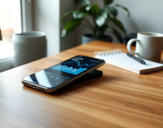 Smartphone displaying Status app interface on desk with subtle crypto charts in background
