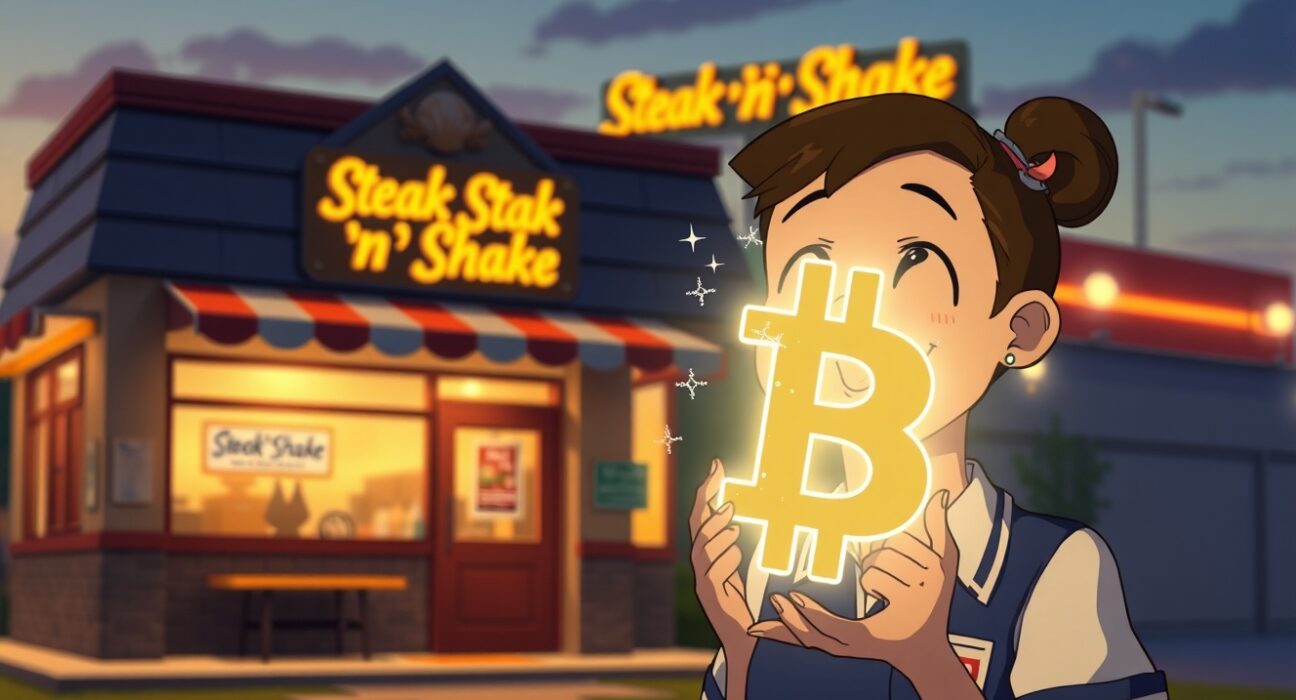 Steak 'n Shake Bitcoin bonus program for part-time employees illustrated in Studio Ghibli style