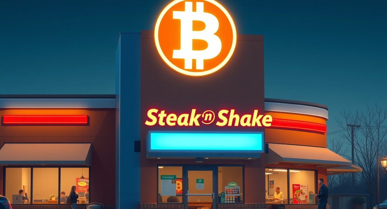 Steak 'n Shake restaurant exterior with Bitcoin symbol on digital display, illustrating the company's Bitcoin executive compensation and payment adoption.
