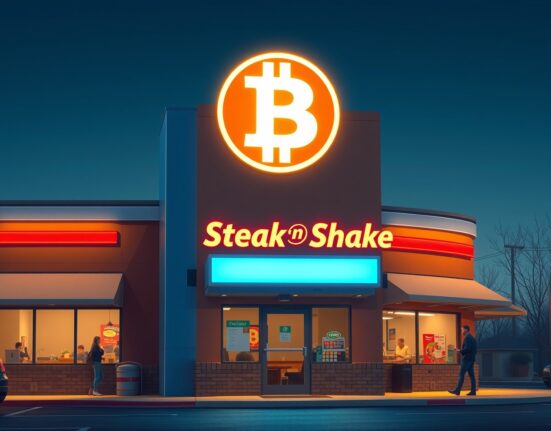 Steak 'n Shake restaurant exterior with Bitcoin symbol on digital display, illustrating the company's Bitcoin executive compensation and payment adoption.