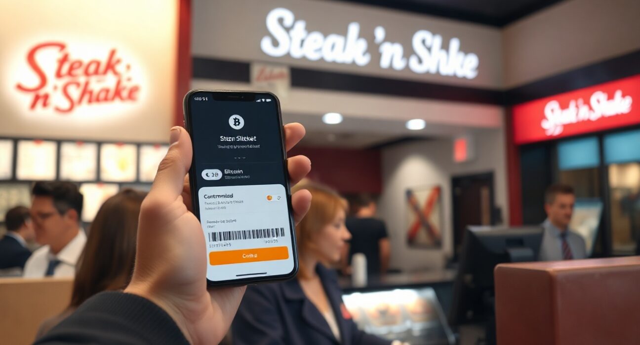 Customer paying with Bitcoin at a Steak 'n Shake restaurant counter