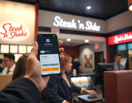 Customer paying with Bitcoin at a Steak 'n Shake restaurant counter
