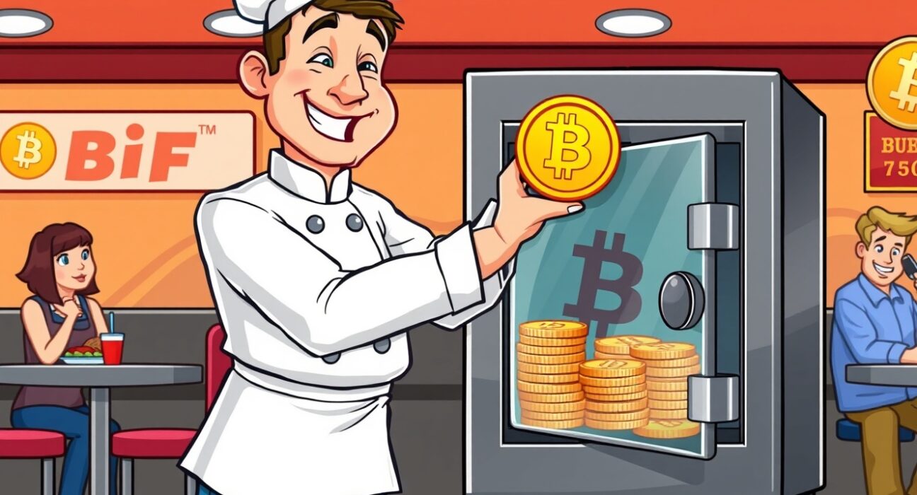A chef secures customer Bitcoin payments in a vault, symbolizing Steak 'n Shake's pioneering crypto reserve strategy.