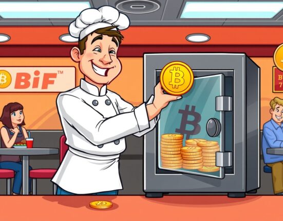 A chef secures customer Bitcoin payments in a vault, symbolizing Steak 'n Shake's pioneering crypto reserve strategy.