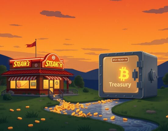 Steak 'n Shake's strategic Bitcoin investment as a digital treasury asset, illustrated in Ghibli style.