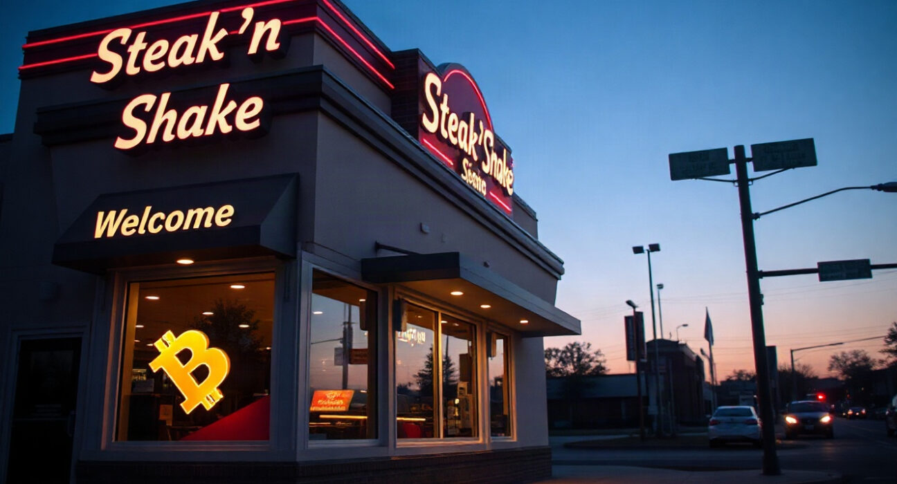Steak 'n Shake restaurant exterior with digital Bitcoin symbol reflected in window