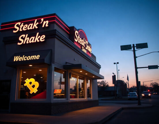 Steak 'n Shake restaurant exterior with digital Bitcoin symbol reflected in window