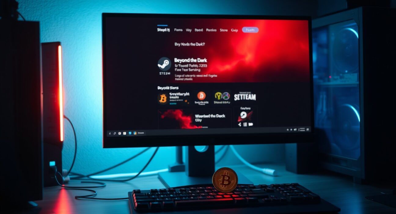 Gaming desk with PC monitor displaying Steam game 'Beyond the Dark' and a Bitcoin coin nearby, illustrating the crypto-stealing malware threat.