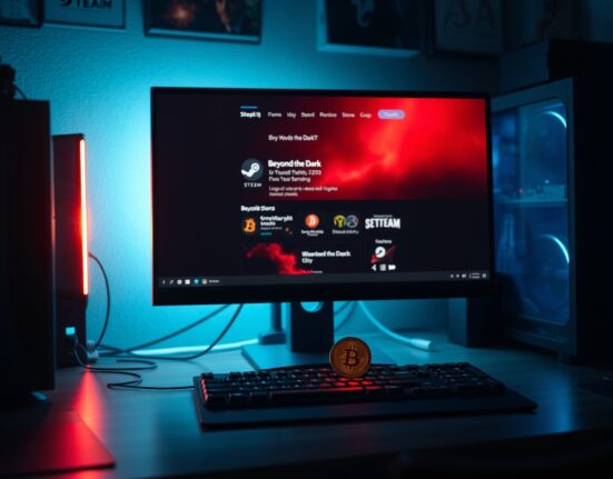 Gaming desk with PC monitor displaying Steam game 'Beyond the Dark' and a Bitcoin coin nearby, illustrating the crypto-stealing malware threat.