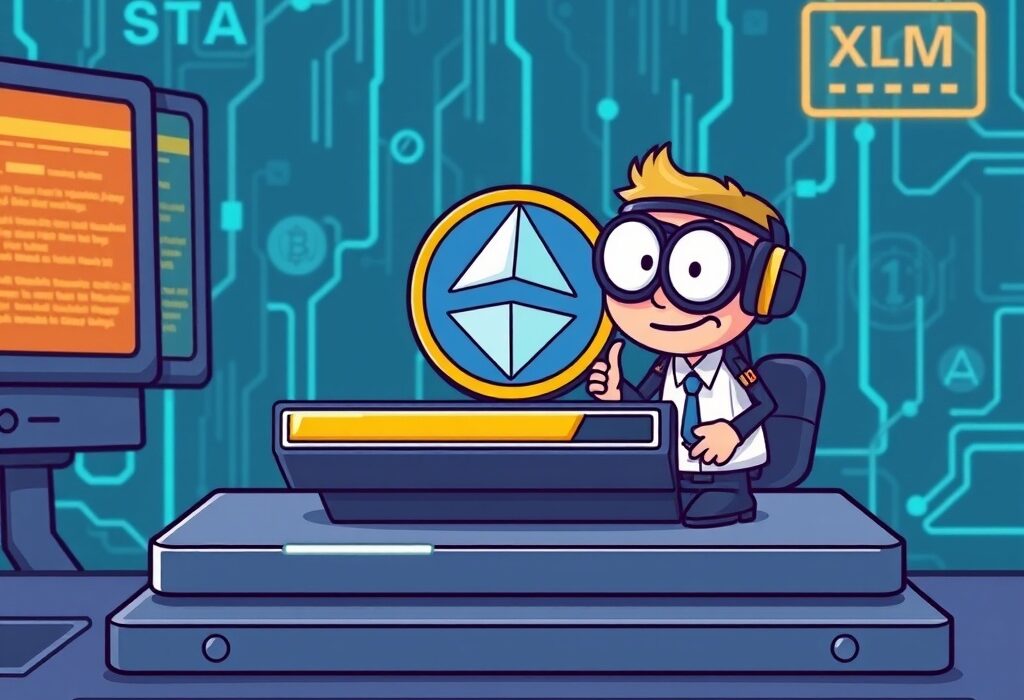 A cartoon illustration showing the Stellar network upgrade in progress, with XLM transactions temporarily paused on a crypto exchange platform.