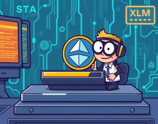 A cartoon illustration showing the Stellar network upgrade in progress, with XLM transactions temporarily paused on a crypto exchange platform.