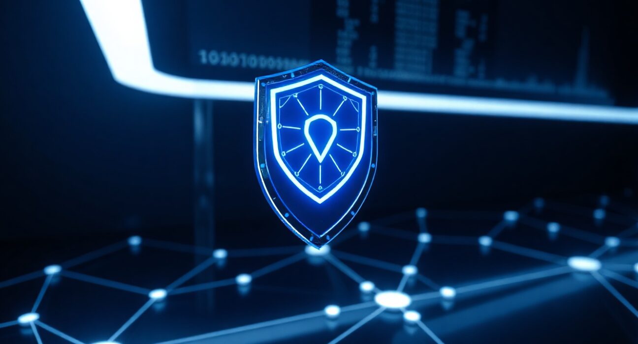 Digital shield icon over blockchain network representing quantum-resistant cryptography