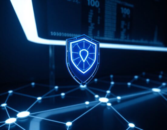 Digital shield icon over blockchain network representing quantum-resistant cryptography