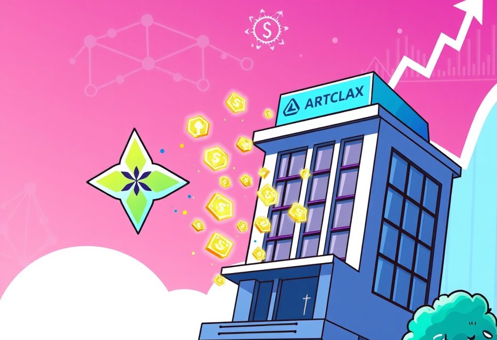 A cartoon illustration showing the Stellar logo and a financial building, symbolizing Stellar tokenization of real-world assets through the Archax partnership.