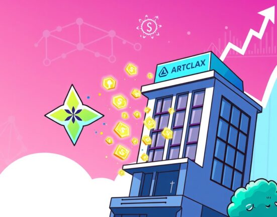 A cartoon illustration showing the Stellar logo and a financial building, symbolizing Stellar tokenization of real-world assets through the Archax partnership.