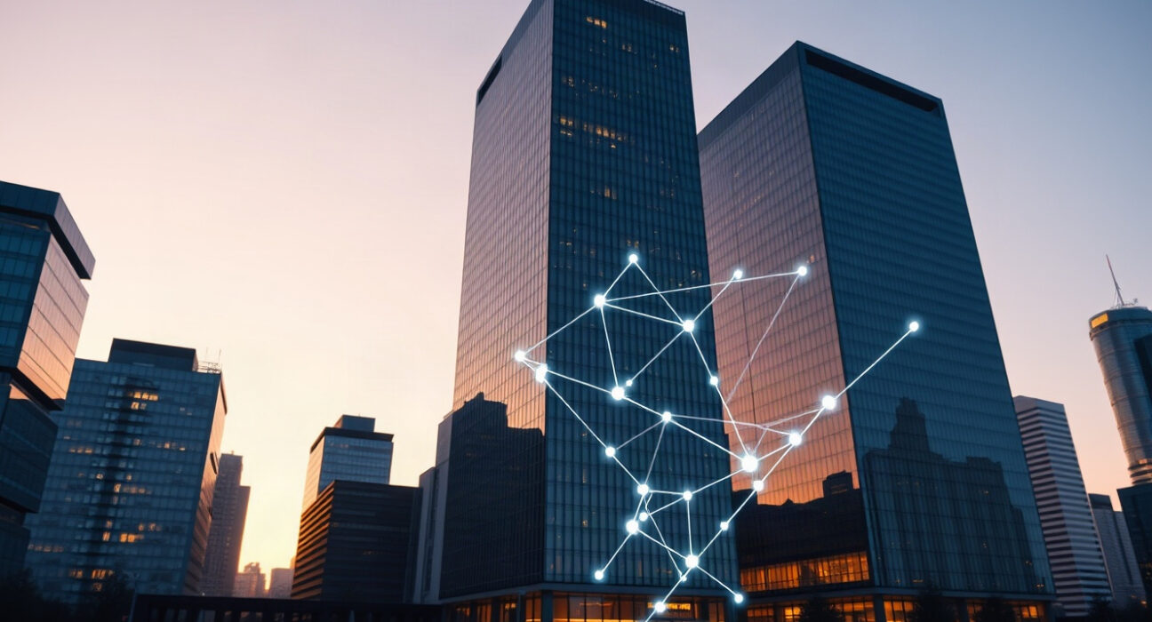 Stellar blockchain tokenized assets growth illustration with financial district skyline