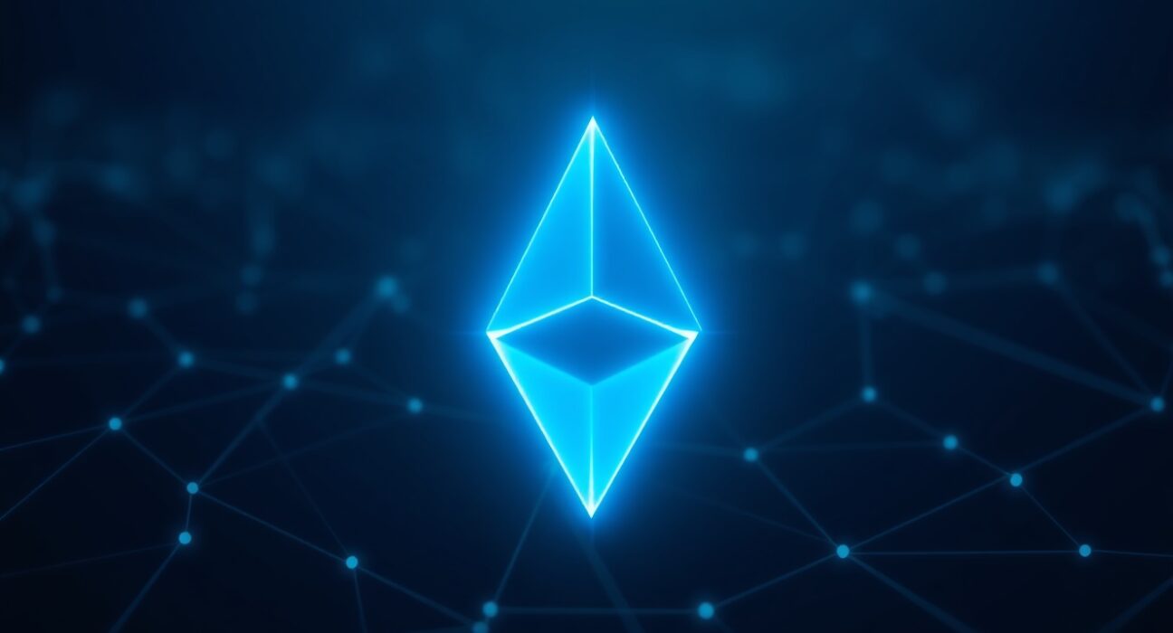 Stellar (XLM) symbol on a digital network background representing blockchain and decentralized finance.