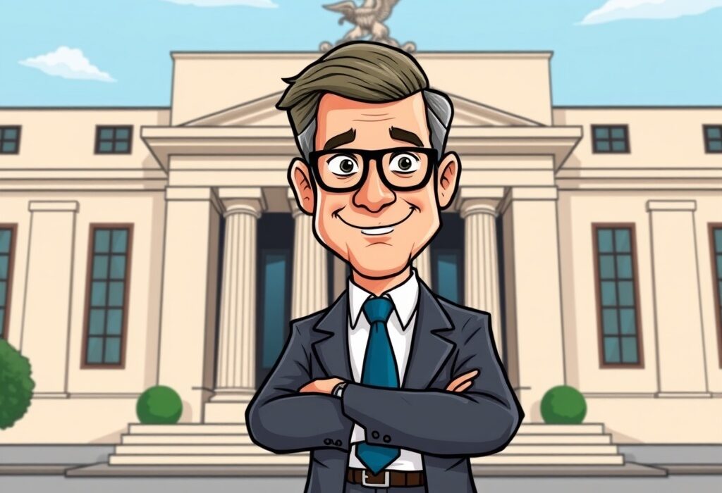 A cartoon illustration showing Stephen Milan influencing the Federal Reserve Board, symbolizing his new appointment.
