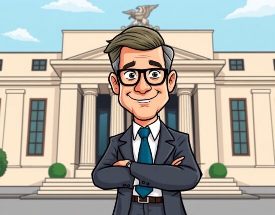 A cartoon illustration showing Stephen Milan influencing the Federal Reserve Board, symbolizing his new appointment.
