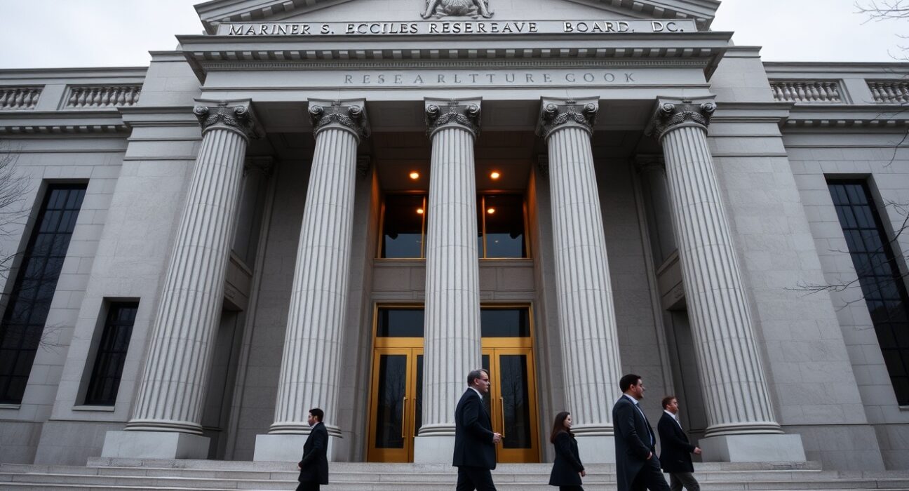 Exterior of the Federal Reserve Board building in Washington, D.C., where Stephen Miran is set to resign.
