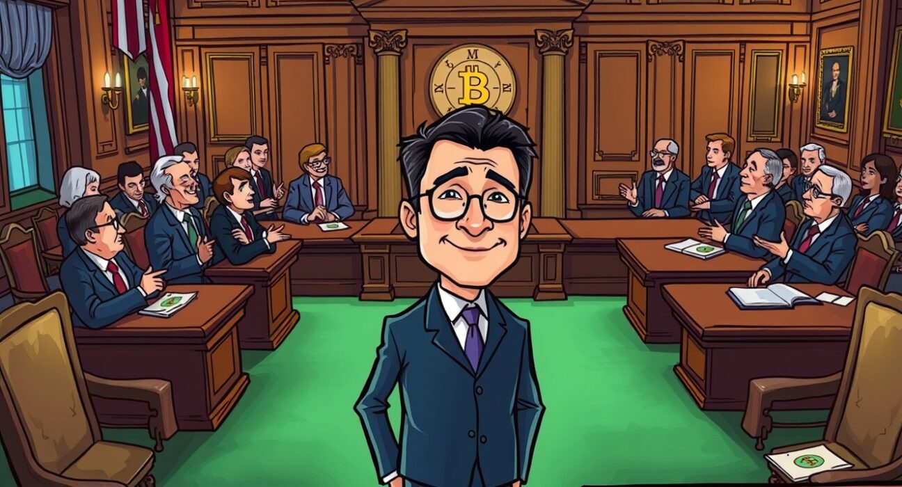 Cartoon illustration of Stephen Miran's crucial confirmation to the Federal Reserve board, highlighting its economic and crypto market implications.
