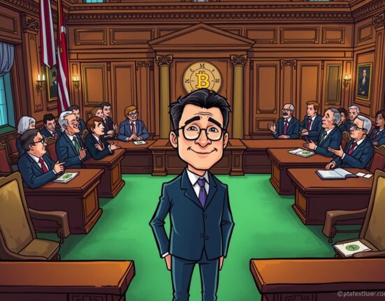 Cartoon illustration of Stephen Miran's crucial confirmation to the Federal Reserve board, highlighting its economic and crypto market implications.
