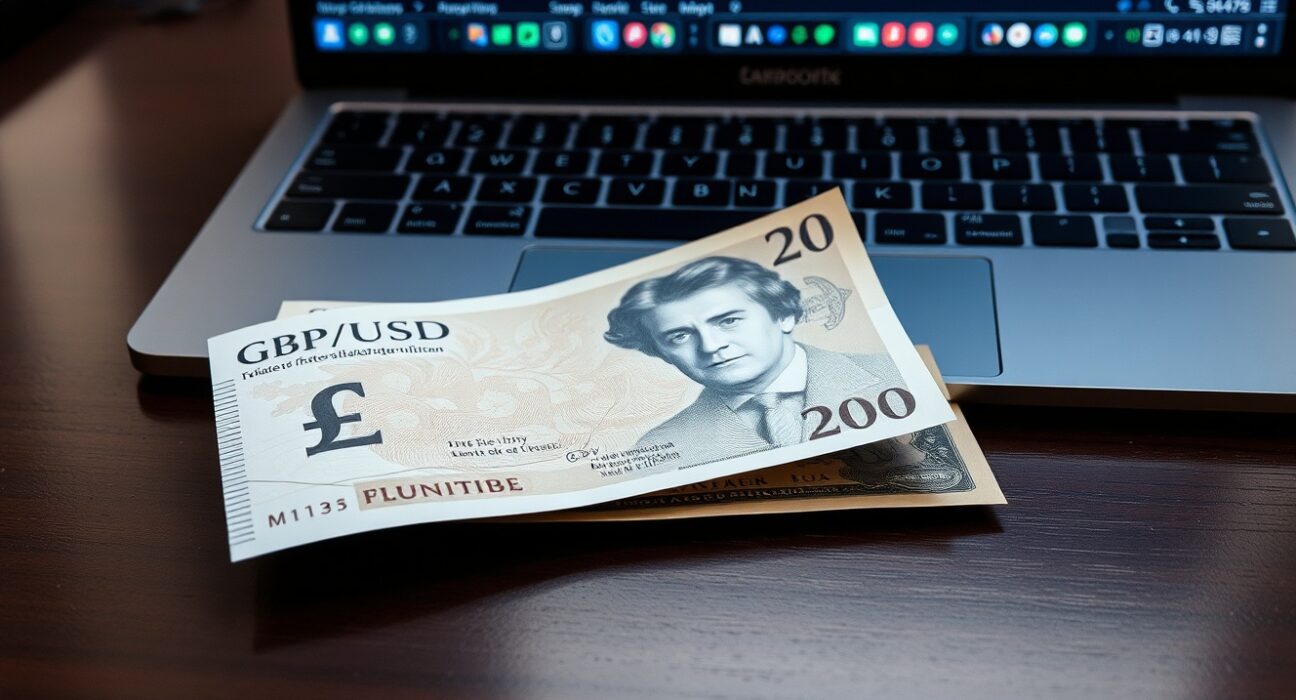 British pound banknote and US dollar bill on desk with financial charts in background