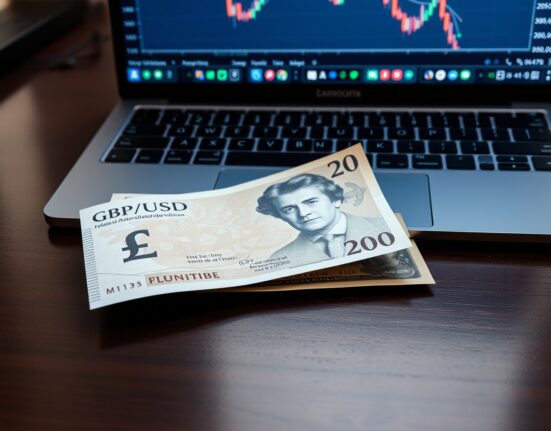 British pound banknote and US dollar bill on desk with financial charts in background