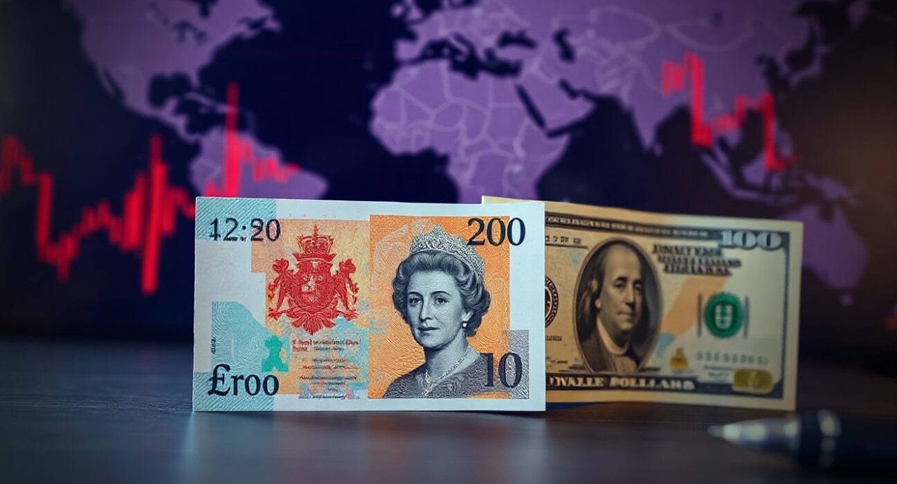 British Pound and US Dollar banknotes on a desk with a blurred financial background