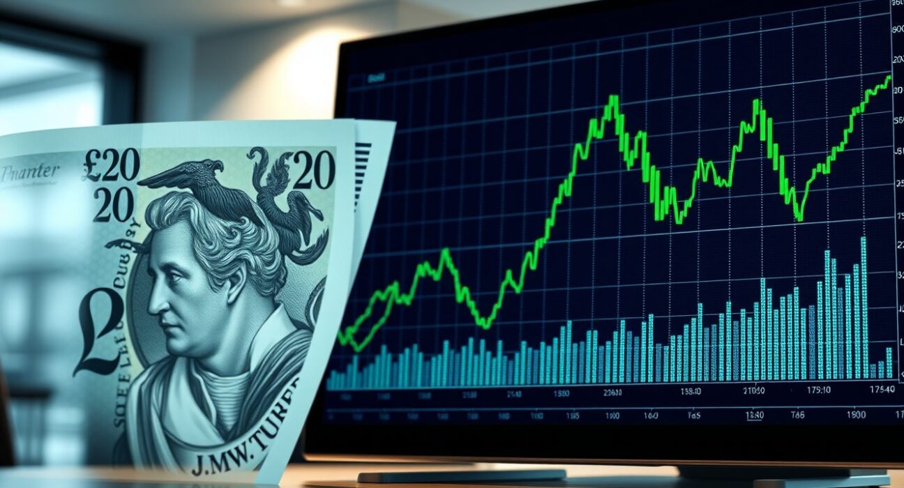 Sterling today: British Pound banknote overlapping a green market chart, reflecting Warsh testimony calming currency markets.