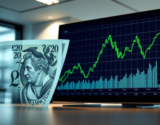 Sterling today: British Pound banknote overlapping a green market chart, reflecting Warsh testimony calming currency markets.