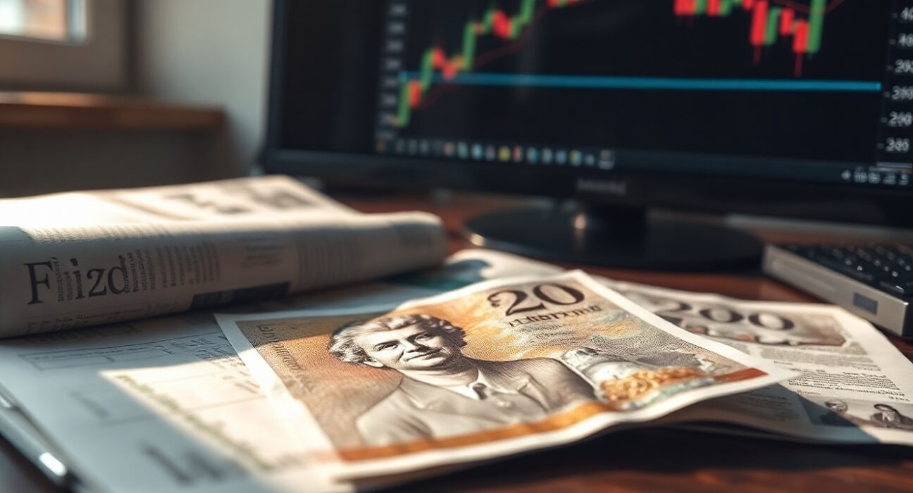 British pound note on a desk with financial newspaper and stock charts in the background