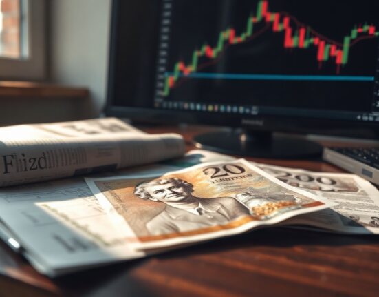 British pound note on a desk with financial newspaper and stock charts in the background