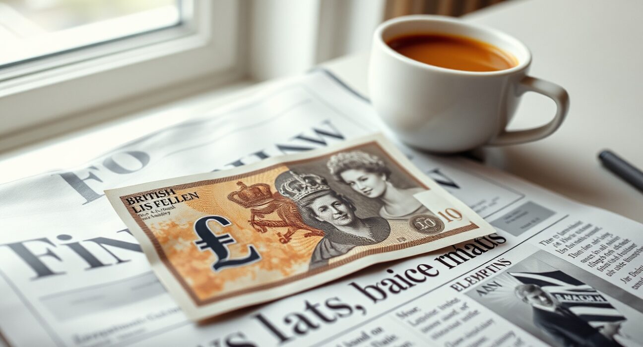 British pound banknote on a financial newspaper with UK jobs data headline.