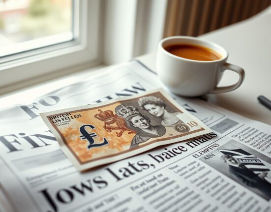British pound banknote on a financial newspaper with UK jobs data headline.