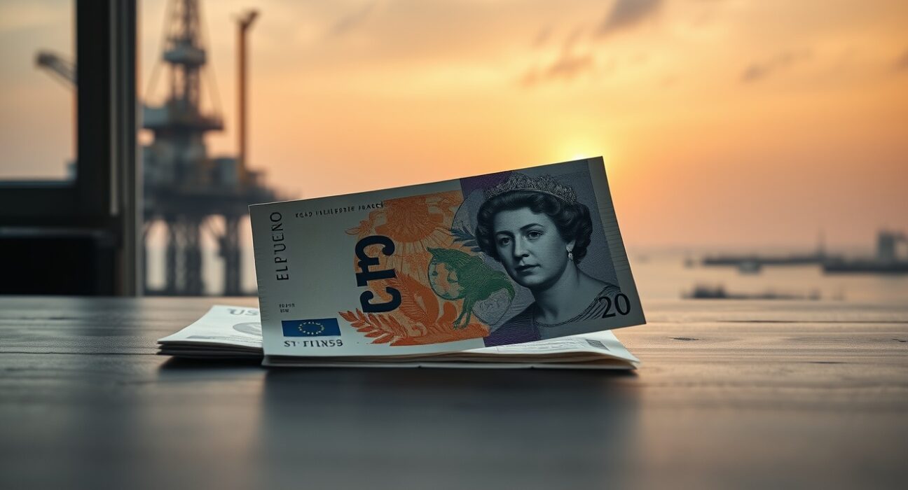British Pound Sterling and US Dollar banknotes on a desk with an oil rig in the blurred background, representing forex and oil price correlation.