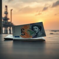 British Pound Sterling and US Dollar banknotes on a desk with an oil rig in the blurred background, representing forex and oil price correlation.