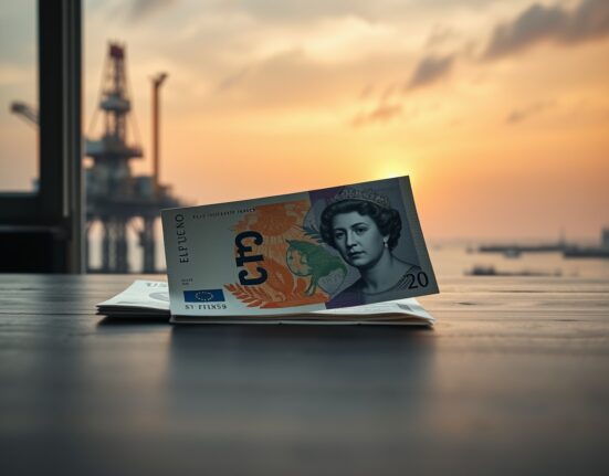 British Pound Sterling and US Dollar banknotes on a desk with an oil rig in the blurred background, representing forex and oil price correlation.