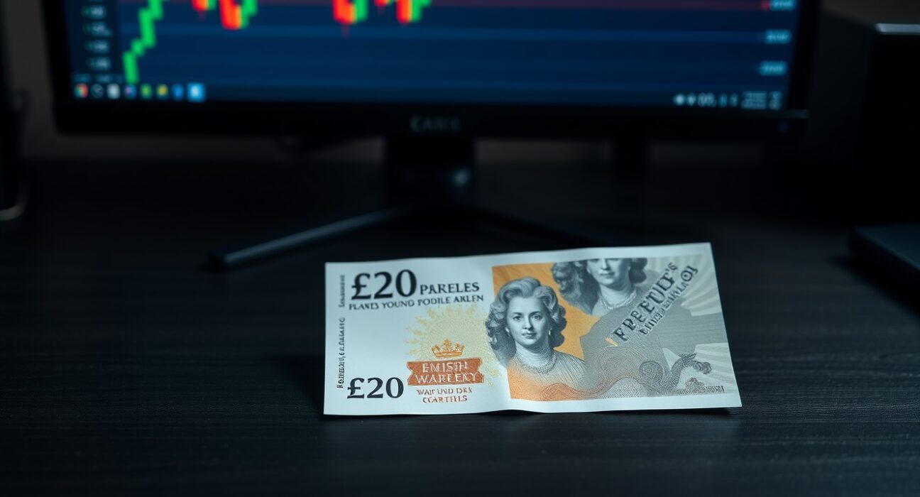 British Pound Sterling banknote on a desk with a financial chart in the background