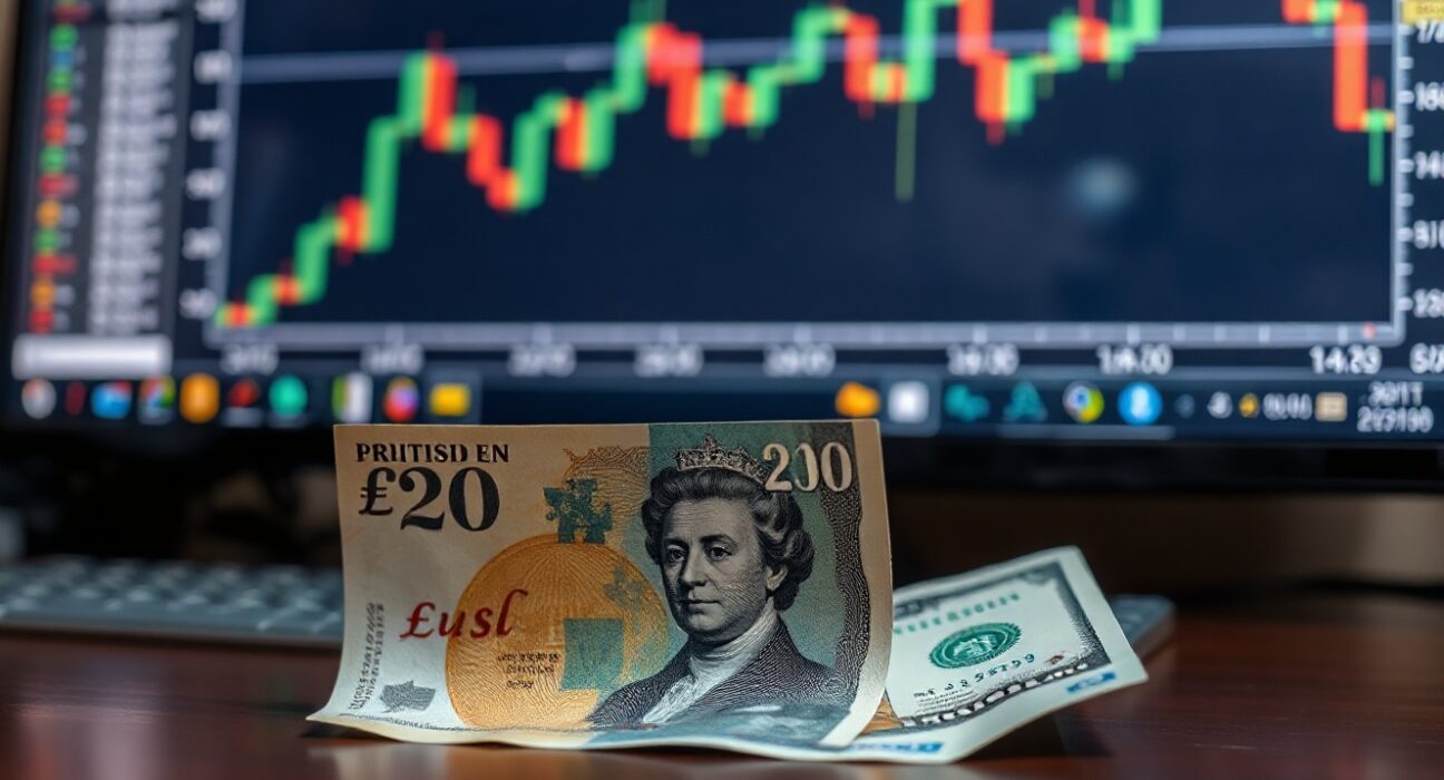 British pound and U.S. dollar banknotes on a financial news desk with a chart in the background