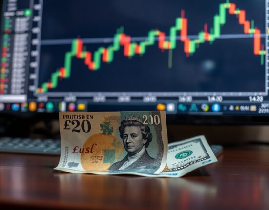 British pound and U.S. dollar banknotes on a financial news desk with a chart in the background