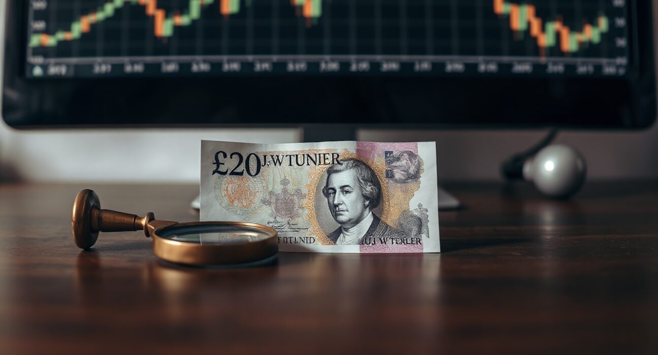 British Pound Sterling note on wooden desk with magnifying glass and blurred financial chart in background