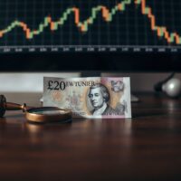 British Pound Sterling note on wooden desk with magnifying glass and blurred financial chart in background