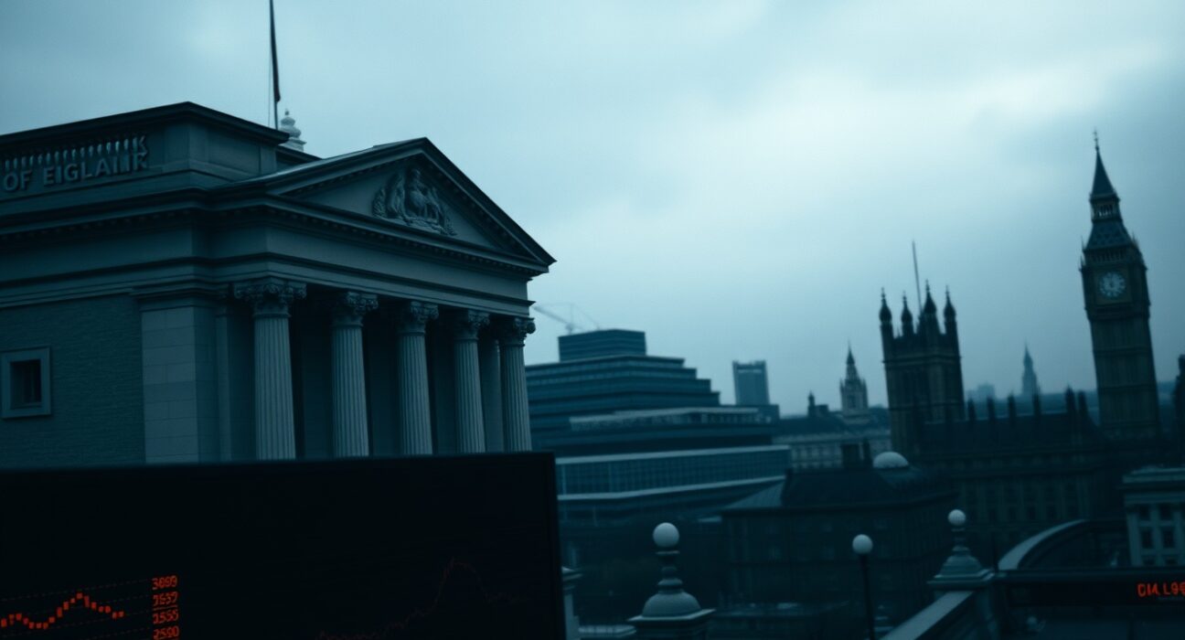 Bank of England building under overcast sky, representing UK financial market uncertainty